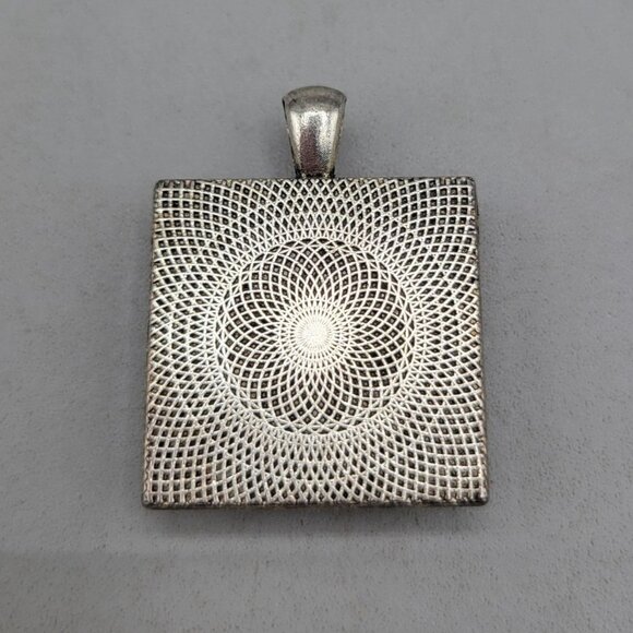 Square Abstract Glass Pendant Silver Tone Setting Black White Blue Swirl Design - Picture 2 of 4